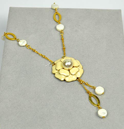 FASHION-NECKLACE-None-Precious-Metal-N2864-Gold-ChainBeige-Flower-Pendant-0-0