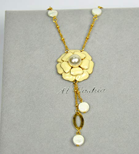 FASHION-NECKLACE-None-Precious-Metal-N2864-Gold-ChainBeige-Flower-Pendant-0-1
