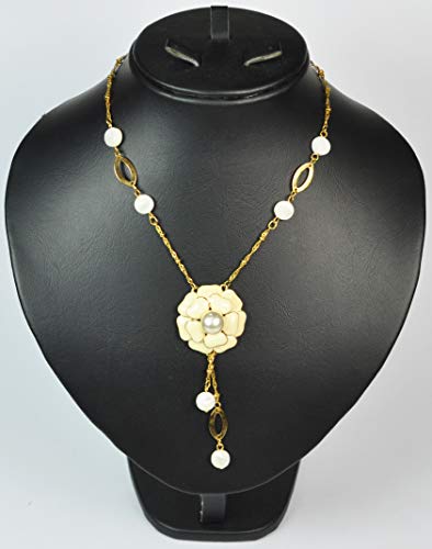 FASHION-NECKLACE-None-Precious-Metal-N2864-Gold-ChainBeige-Flower-Pendant-0