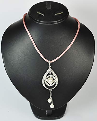 LEBANON-MADE-NECKLACE-Rhodium-Plated-Metal-with-Cubic-Zircon-stone-N2352-Pink-CordSilver-0