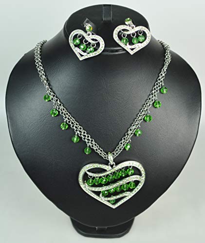 NECKLACE-SET-WITH-EARRING-Rhodium-Plated-with-Crystal-Beads-MDSF69-SilverLight-Green-stone-0